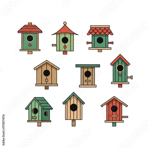 Collection of Colorful Birdhouses with Varied Roof Styles and Perches.