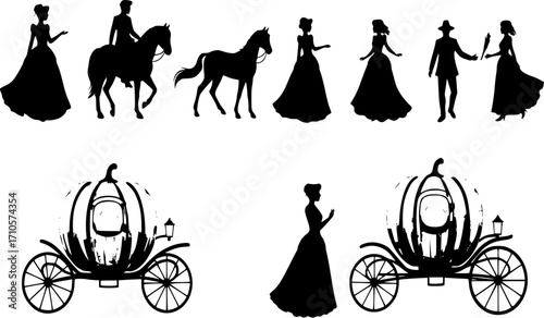 Fairytale Set - silhouettes of Cinderella, Pumpkin carriage with
