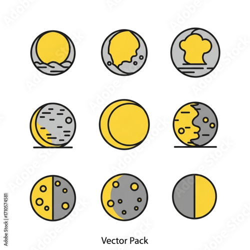 Moon Phases Vector Icons Set Yellow and Gray Celestial Bodies Collection.