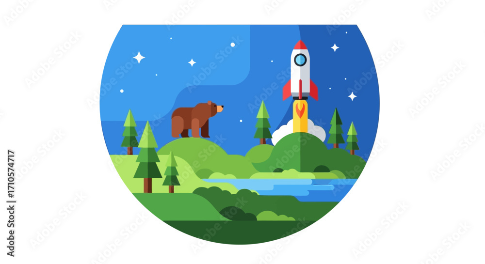 Obraz premium Brown bear and rocket launch in nature scene.
