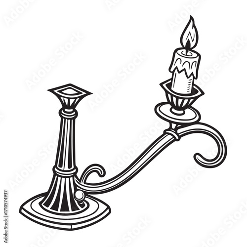 Vintage candelabra with a lit candle, isolated on white background