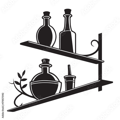 Vintage apothecary bottles and vials on a decorative shelf, isolated on white background