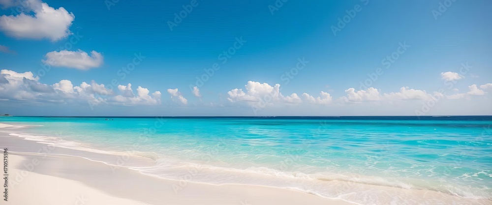 Fototapeta premium Gleaming white sand beach, turquoise water, sunny sky, peaceful, clean