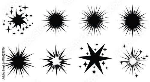 Collection of black starbursts and sparkling star shapes on white background