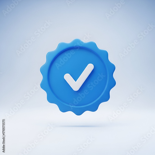 A blue verified badge with a white checkmark, symbolizing confirmation, trust, and authenticity, isolated on a light blue gradient background