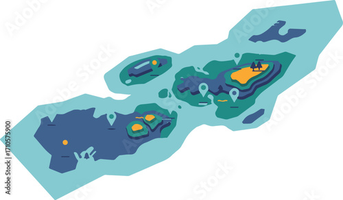 Stylized map of an archipelago with various islands and points of interest.