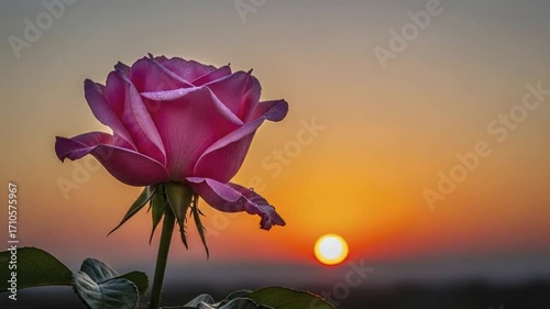 A vibrant pink rose with dew drops stands against a blurred sunset sky featuring a bright orange sun low on the horizon with dark foliage at the bottom