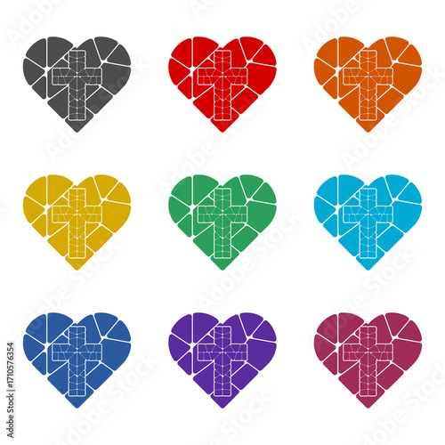 Abstract religious cross and heart icon isolated on white background. Set icons colorful