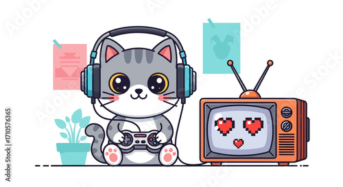 Cartoon cat with headphones playing video games on a retro television.