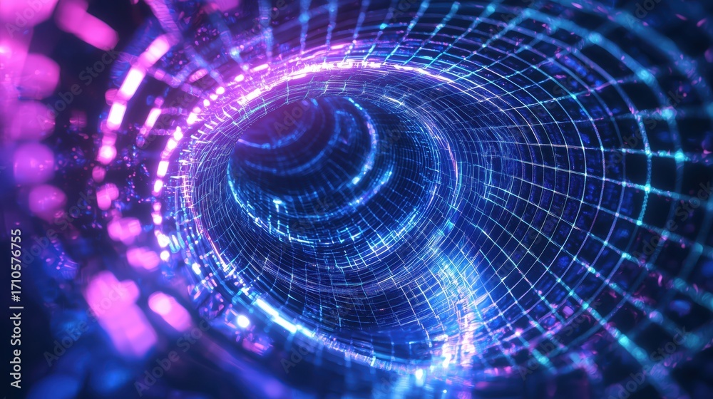 Obraz premium Vibrant glowing grid tunnel conveying high-speed data flow and technological advancement