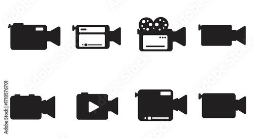 Collection of various black and white video camera and film icons
