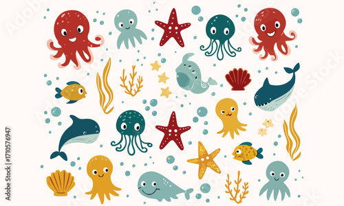 Cute Sea Life Clipart And Ocean Animals, Whales, Octopus, Starfish and Underwater Vector Set