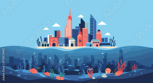 Cityscape above and below water level.