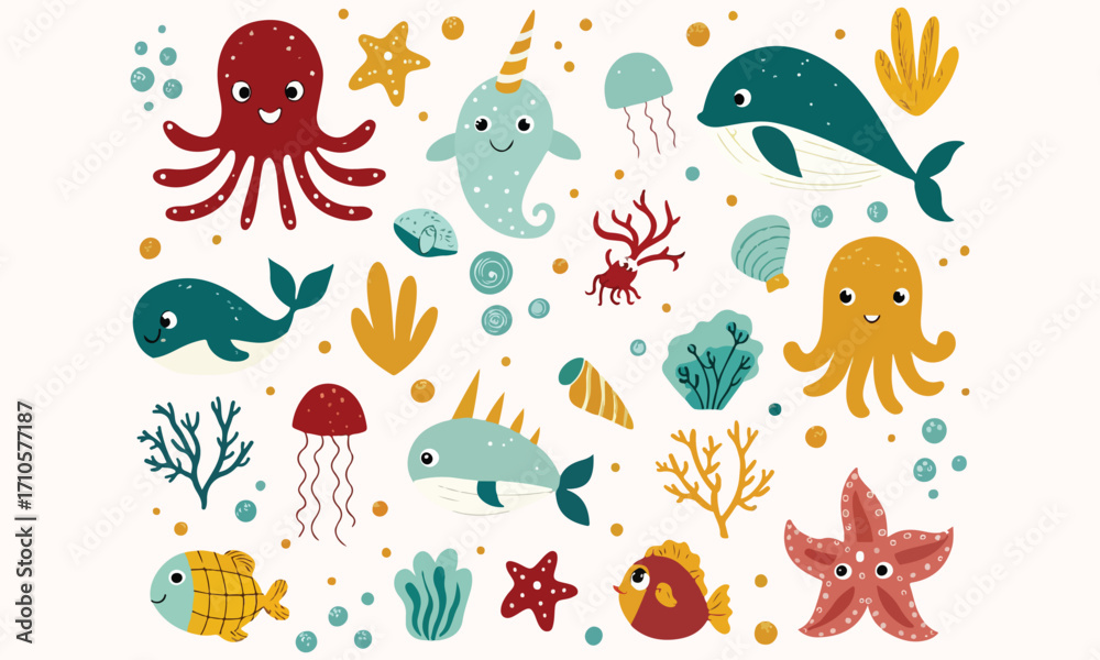 Obraz premium Cute Sea Life Clipart And Ocean Animals, Whales, Octopus, Starfish and Underwater Vector Set