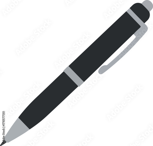 A black ballpoint pen with silver accents is shown at an angle.