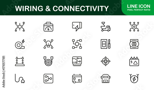 Wiring and Connectivity Icons Collection Including Electricity, Circuits, Power Tools, and Energy Symbols Perfect
