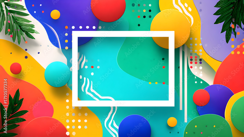 Obraz premium White square frame on an abstract background with colorful shapes and tropical leaves.