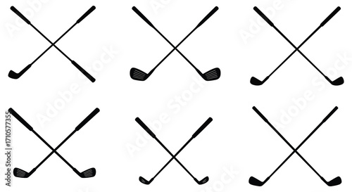 Simple illustration of several crossed golf clubs on a white background