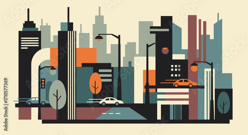 Cityscape illustration with buildings and cars.