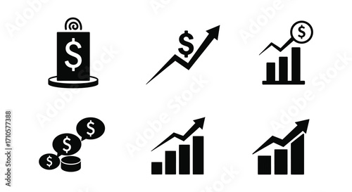 Financial growth and investment icons depicting monetary success and market trends