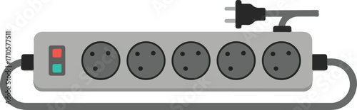 Grey power strip with five outlets and a plugged-in cord.