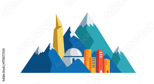 Cityscape nestled in majestic mountains.