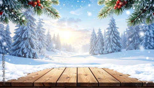 A breathtaking winter landscape displays snow-covered trees and a wooden surface, perfect for showcasing products.