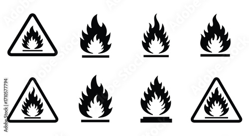 Black and white flammable warning signs with stylized fire icons displayed