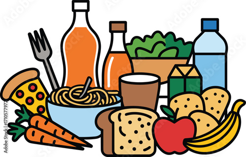Colorful food illustration, pizza slice, spaghetti bowl, fresh vegetables, bread loaf, fruits, drinks, healthy eating, nutrition concept, grocery items, balanced diet,
