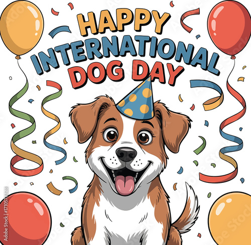 Close-up of a happy cartoon dog wearing a party hat surrounded by balloons and confetti for International Dog Day