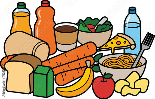 Healthy food and drink assortment, balanced meal with fruits, vegetables, bread, pasta, pizza, salad, beverages, coffee, juice, water, nutritious snacks, fresh ingredients, diet concept
