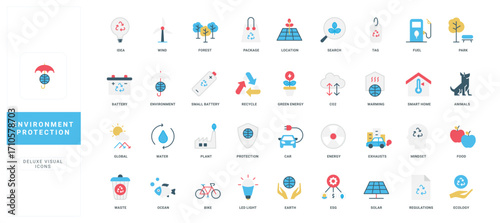 Environmental protection, eco mindset and smart technology, renewable power, ESG color icon set. Garbage recycling, green energy protect air from pollution, greenhouse effect flat vector illustration