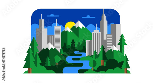 Cityscape with Mountains, River, and Trees Illustration.