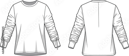 Long sleeve shirt technical fashion sketch, front and back view garment illustration, round neck loose fit blouse with gathered sleeves, apparel design flat drawing template