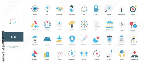 ESG, economy development and corporate company strategy of future color icon set. Global responsibility for environmental protection, renewable resources for industry flat vector illustration