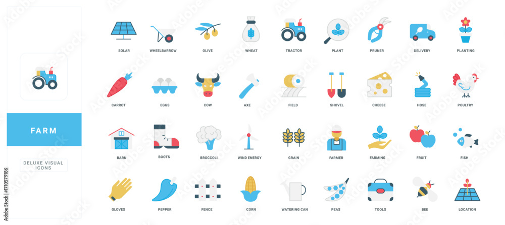 Fototapeta premium Farm and agriculture, crop cultivation in fields, renewable energy for farming color icon set. Farmers produce eggs and cheese, poultry and beef, organic vegetables and fruits flat vector illustration