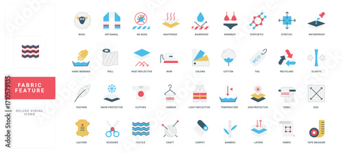 Fabric features, resistant material with protection from sun and wind, moisture and insect color icon set. Waterproof fiber, cotton and leather, feather and bamboo, synthetics flat vector illustration
