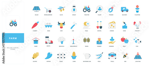 Farm and agriculture, crop cultivation in fields, renewable energy for farming color icon set. Farmers produce eggs and cheese, poultry and beef, organic vegetables and fruits flat vector illustration