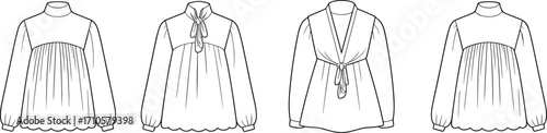 Fashion blouse technical sketch, high neck long sleeve top, bow tie blouse design, gathered yoke shirt, garment flat drawing, clothing pattern illustration, apparel design template