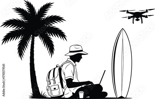 Digital nomad working on beach with drone and surfboard vector