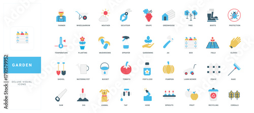 Garden work and agriculture, landscaping and seedling color icon set. Farmers tools and equipment to cultivate vegetable and fruit, grow plant and flower, tree sprouts flat vector illustration