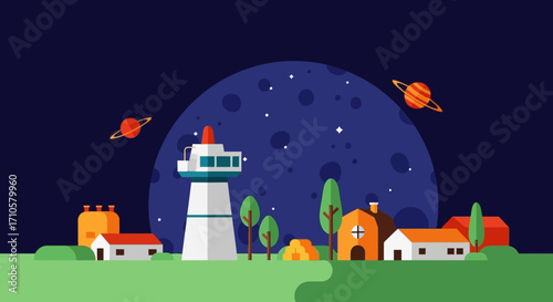 Coastal lighthouse town under starry night sky.