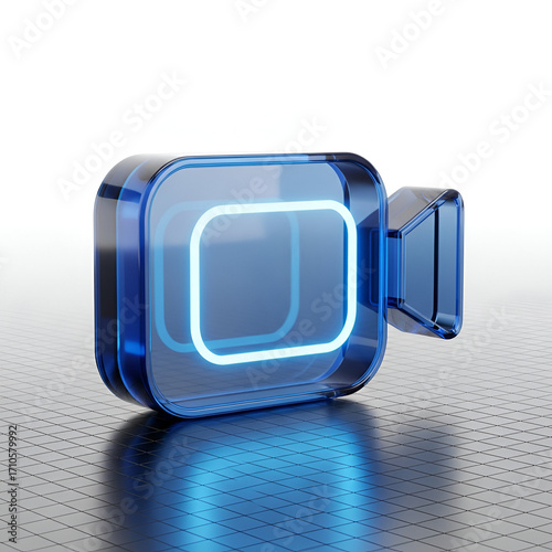 3d render of a blue glass video camera icon with glowing neon outline isolated on white background