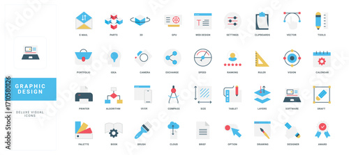 Graphic design tools, software and filter, creative visual artwork, digital project color icon set. Tablet and palette, compass and ruler, paintbrush to create portfolio flat vector illustration