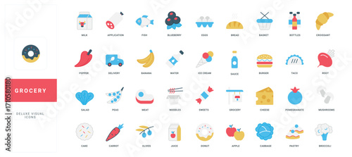 Grocery food ingredients for cooking, organic vitamin fruit and vegetables, meat, cheese color icon set. Farm market fresh products, bread, dessert and snack for breakfast flat vector illustration