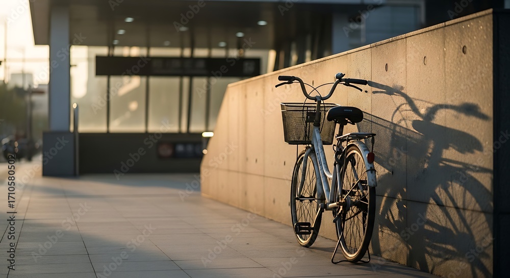 A bicycle with a basket parked in an urban architectural setting with concrete walls and modern design