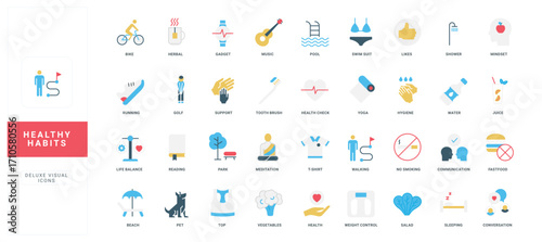 Healthy habits and lifestyle, life quality and wellbeing, mental and body health color icon set. Fitness and relax, running and leisure, music and social communication flat vector illustration