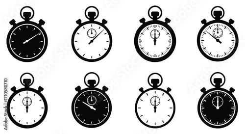 Eight monochrome pocket watches displayed in a grid arrangement