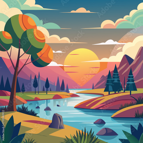 Stunning sunset landscape illustration with vibrant colors, tranquil river, and stylized trees, perfect for nature lovers and outdoor enthusiasts seeking peaceful and inspiring visuals