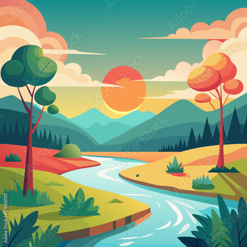 Stunning sunset over serene mountain landscape with flowing river, perfect for inspiring travel blogs, nature-themed websites, and peaceful meditation apps, originally a scalable vector graphic